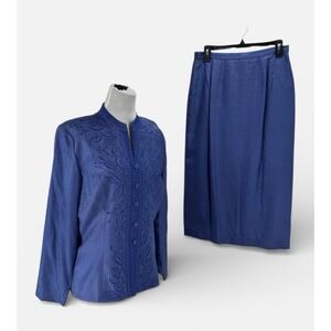 Adrianna Papell 100% Silk 2 Pc Skirt Suit Royal Blue Embroidered Sz 10